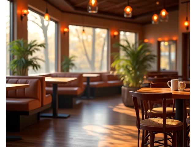 Cozy interior of Maple Hearth Cafe with warm lighting and wooden accents
