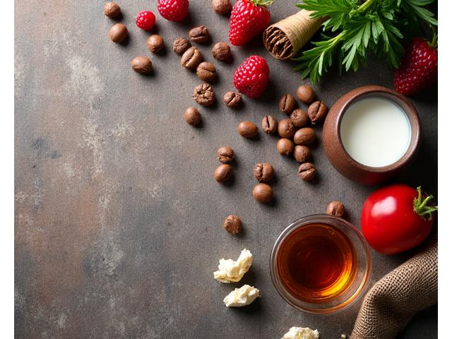 Fresh local produce and coffee beans on a rustic wooden table