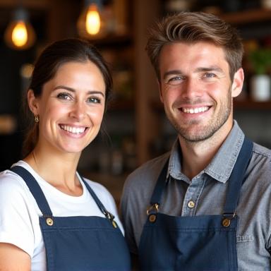 The proud owners of Maple Hearth Cafe, a smiling couple in their cafe