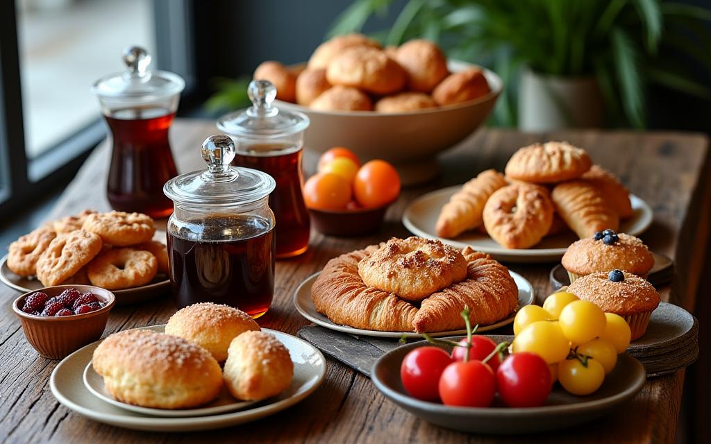 An elegant catering spread with coffee carafes, assorted pastries, and fresh fruit on a rustic table