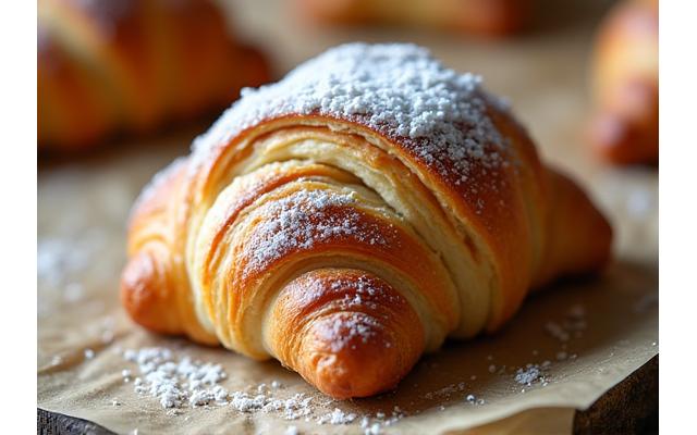 A flaky, golden almond croissant on a parchment paper lined tray.