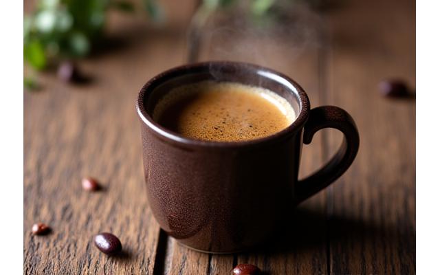 A freshly brewed cup of coffee with steam rising, on a rustic wooden table.