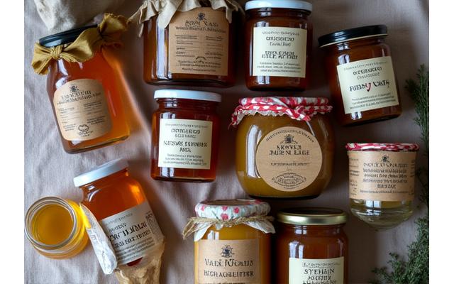 Various artisanal jars of local honey, jams, and small packaged goods.