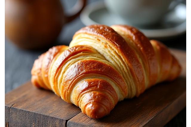 Flaky croissant on a wooden board with a cup of coffee