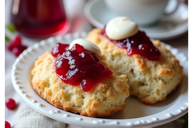 Freshly baked scones with jam and clotted cream